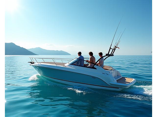 クルーザーで楽しむ人々が高機能ナビゲーションシステムを見る様子