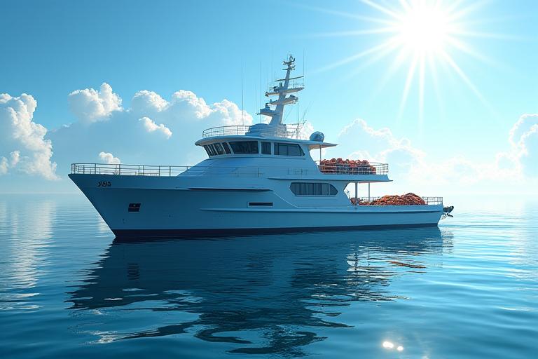 活気あふれる日本の漁船が豊かな海で漁をしている様子。最新技術が搭載された網や装置が使われている。